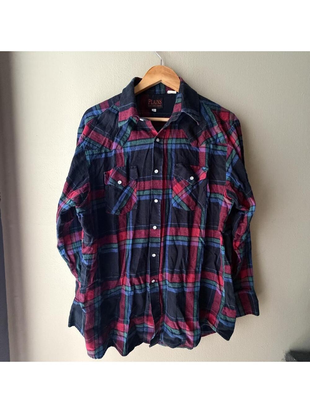 Plains Western Wear Plaid Pearl Snap Flannel Shirt Large